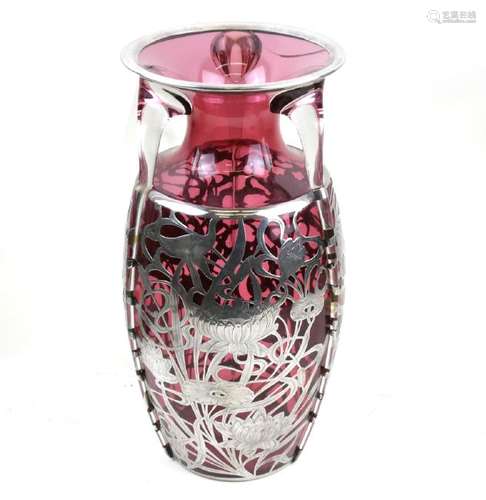 Ruby Glass and Silver Overlay Vase