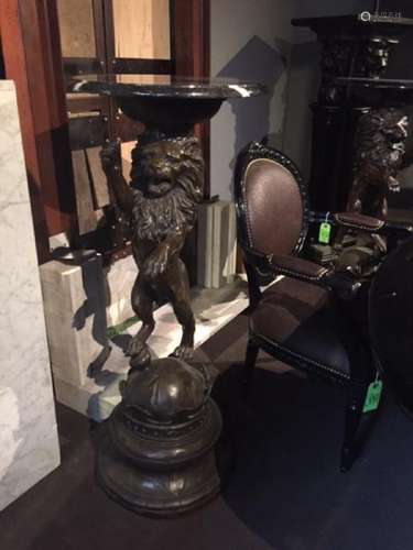 Pair of Bronze Lion Marble Top Pedestals