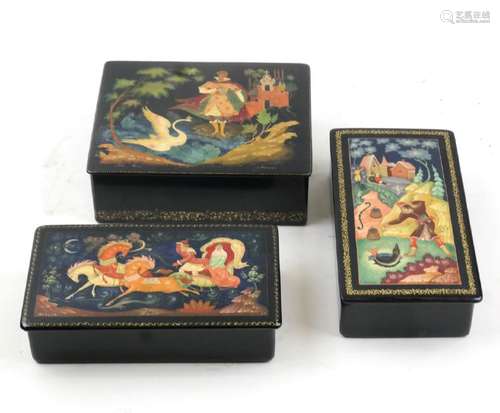 Three Russian Decorated Hinged Boxes