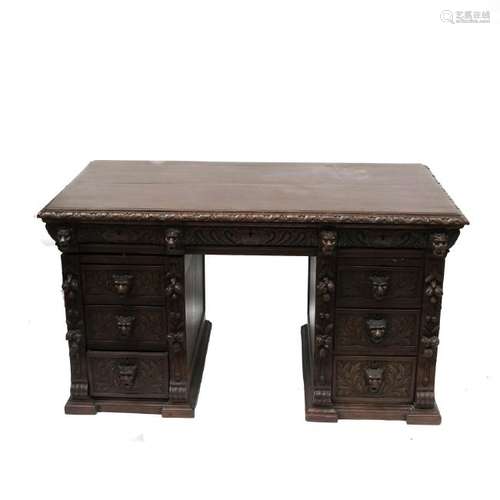 Renaissance Revival-Style Ornately Carved Desk