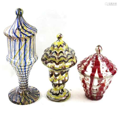 Three Covered Art Glass Vessels