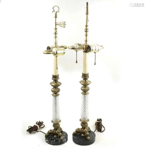 Pair of Crystal and Brass Column Lamps