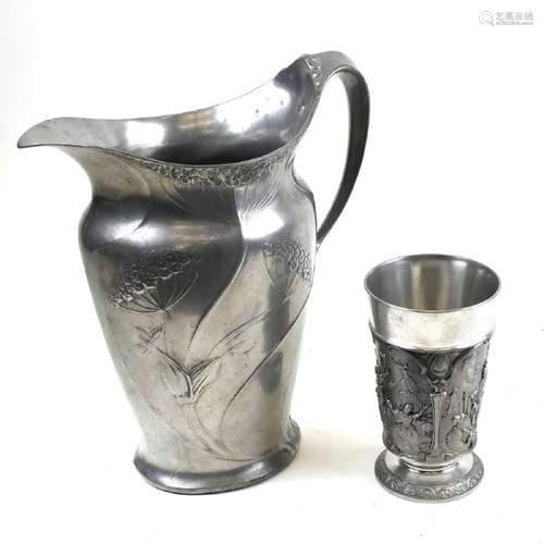 Pewter Pitcher, German Metal Vase - Feinzinn