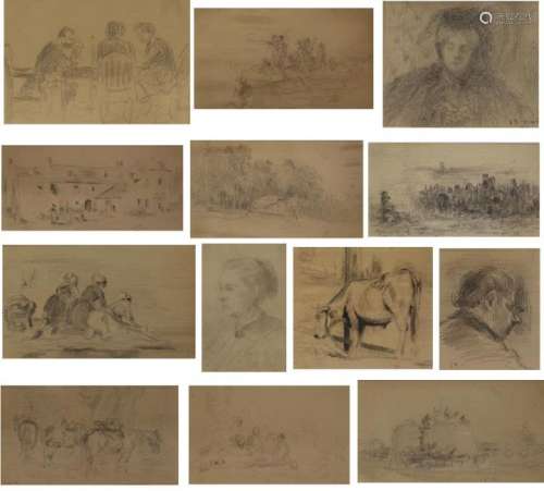 LELEUX. Lot of 13 Pencil on Paper Illustrations.