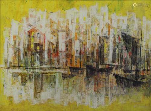 LEWEN, Si. Oil on Canvas. Modernist Harbor Scene.