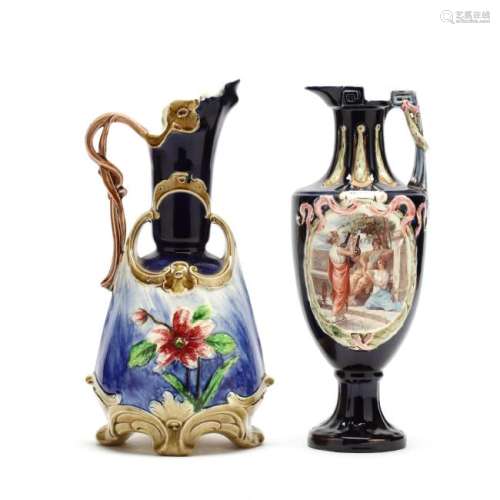 Two Cobalt Decorated Majolica Pitchers