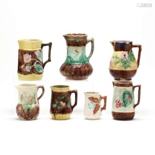 Group of Seven Majolica Pitchers