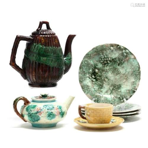 Seven Piece Assembled Majolica Afternoon Tea Group