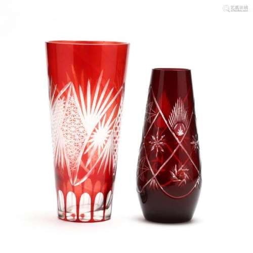 Two Ruby Cut to Clear Vases