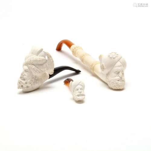 Three Figural Carved Meerschaum Pipes