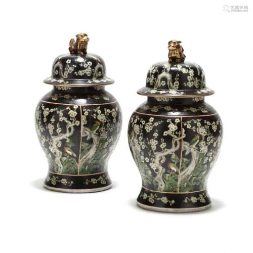 Pair of Chinese Famille Noire Lidded Urns