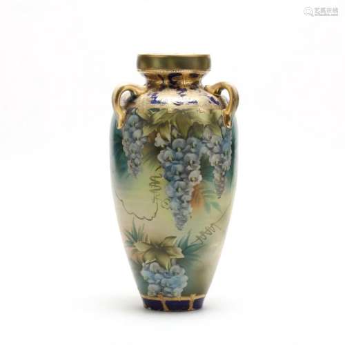 att. Nippon, Large Wisteria Three Handled Vase