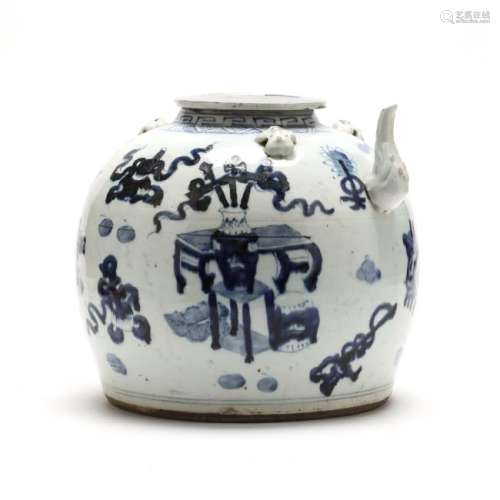 Antique Chinese Cobalt Decorated Large Teapot