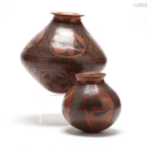 Mata Ortiz, Two Black and Red Decorated Pottery Vessels