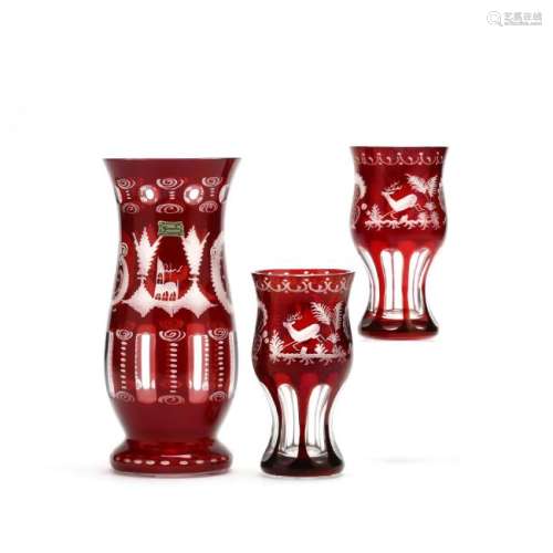 (3 Pc.) Bohemian Ruby Cut to Clear Glass Group
