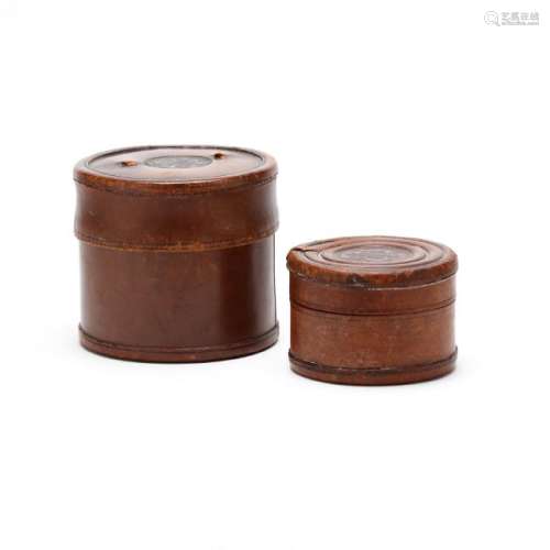 Two Antique English Leather Collar Boxes