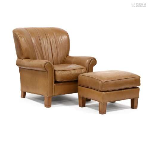Custom Leather Over Upholstered Club Chair and Ottoman