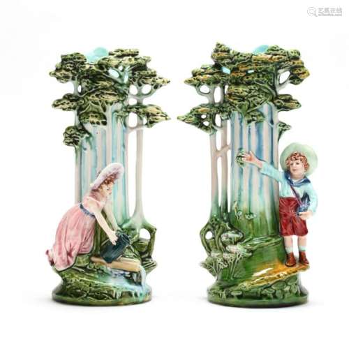 Pair of Majolica Art Nouveau Figural Vases