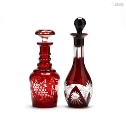 Two Cut to Clear Glass Decanters