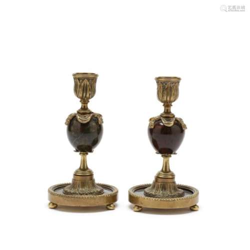 Pair of French Empire Bloodstone Candlesticks