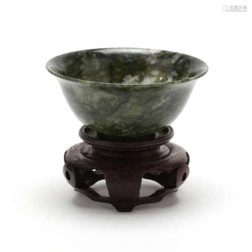 Carved Spinach Jade Bowl on Stand