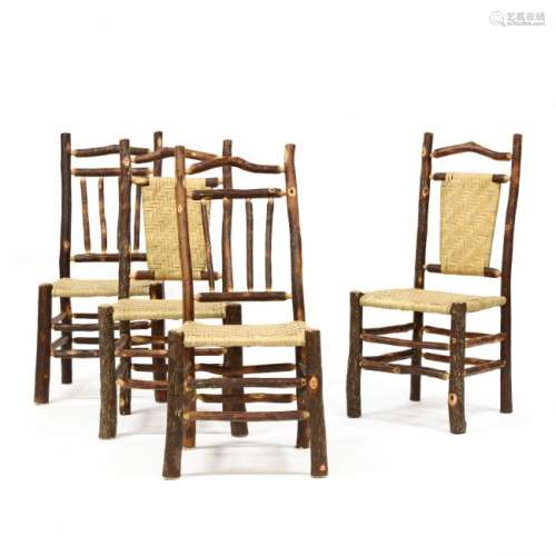 Set of Four Folky Carved Twig Side Chairs