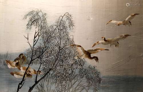 A large Chinese embroidery panel of geese on lake.