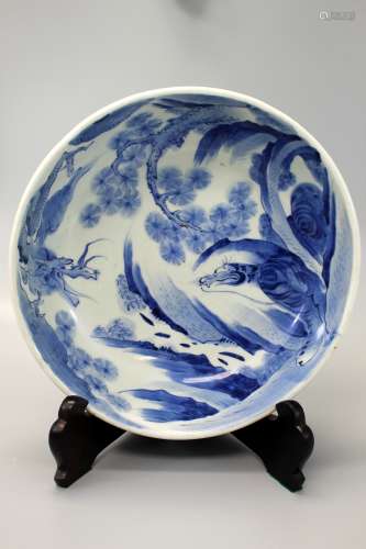 Japanese blue and white dragon and tiger porcelain