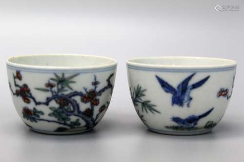 Pair Chinese Doucai porcelain cups, Yongzheng mark.
