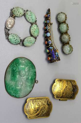 Group Chinese carved jade pendant, bracelet, finger