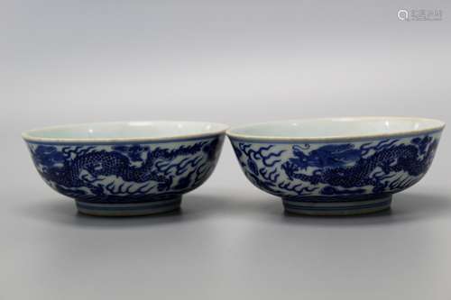 Pair Chinese blue and white porcelain bowls, Guangxu