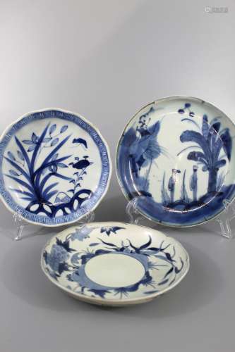 Three Japanese blue and white porcelain plates.