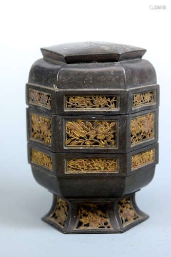 Chinese Hexagonal Pewter Stacked Box