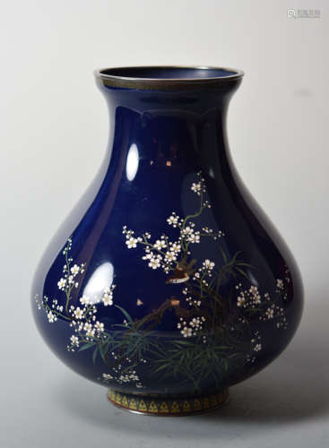 Japanese Cloisonne Vase with Gold Silver Wire Bird - Signed