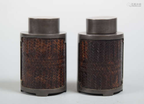 Pair Chinese Pewter Tea Caddy with Bamboo Woven Pattern