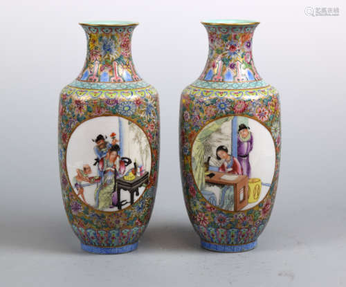 Pair Chinese Porcelain Vases with Figurine on Milifloral Ground