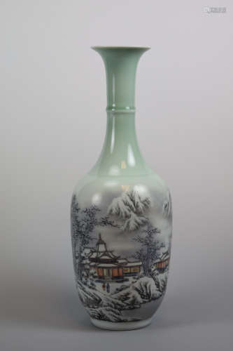 Chinese Celadon Porcelain Vase - Snow Scene