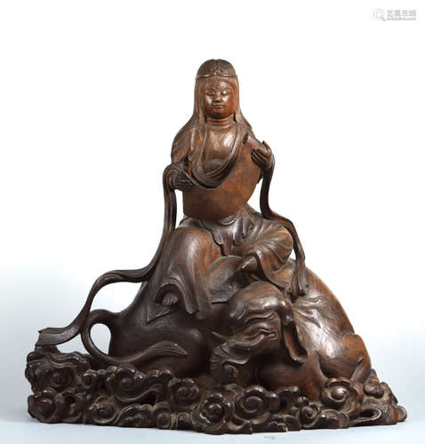 Japanese Carved Wood Kuanyin on Elephane