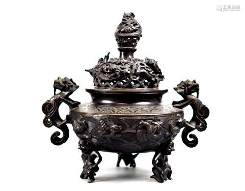 Chinese Bronze Covered Censer with Dragon