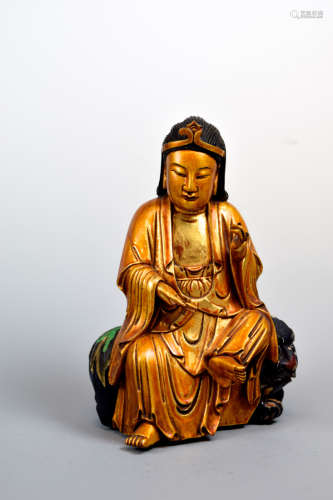 Chinese Wood Kuanyin with Gold Lacquer