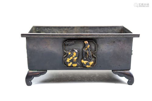 Chinese Bronze Planter with Gilt Scholar