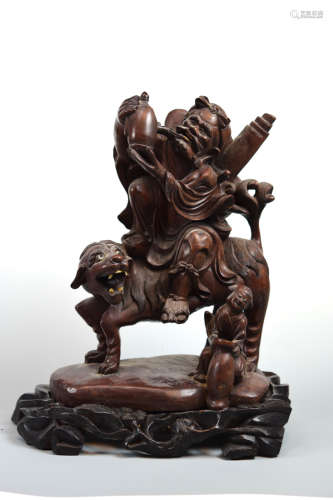 Chinese Carved Wood Immortal on Lion