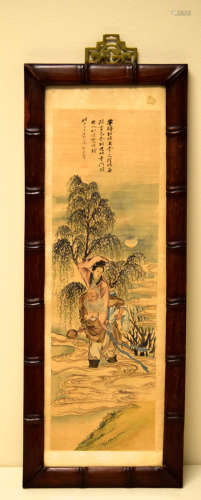 Chinese Painitng of Figurine on Silk with Rosewood Frame
