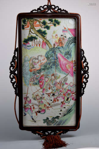 Chinese Porcelain Plaque with Rosewood Frame