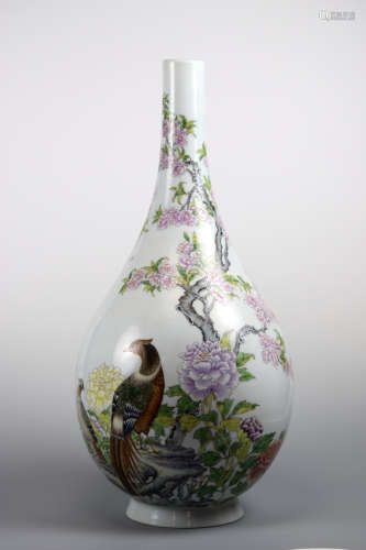 Chinese Famille Rose Long Neck Vase - Pheasant Bird