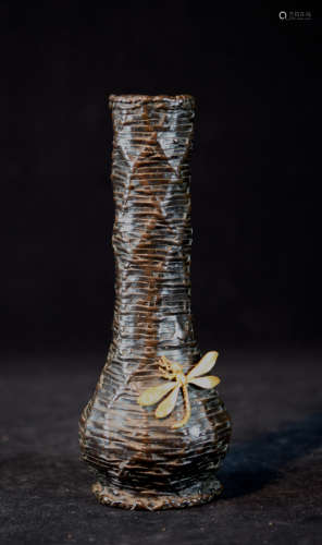 Japanese Mixed Metal Bronze Vase with Gilt Dragonfly