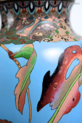 Japanese Cloisonne Vase with Butterfly and Leaf Scene