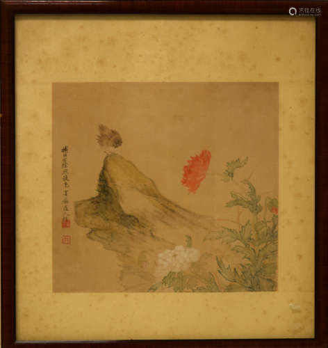Chinese Painting on Silk - Bird on Rock