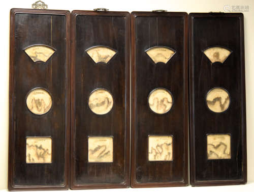 Chinese Wood and Marble Four Panel Set