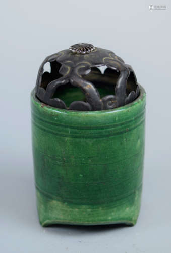 Asian Ceramic Censer with Iron Lid